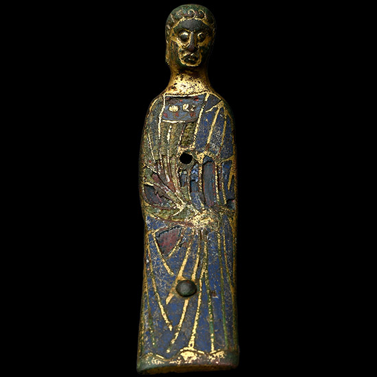 Large Medieval Limoge Enamelled Gilt Bronze Saint