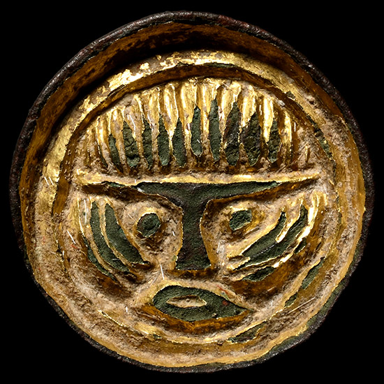 Anglo-Saxon Gilt Bronze Button Brooch with Face of a Warrior