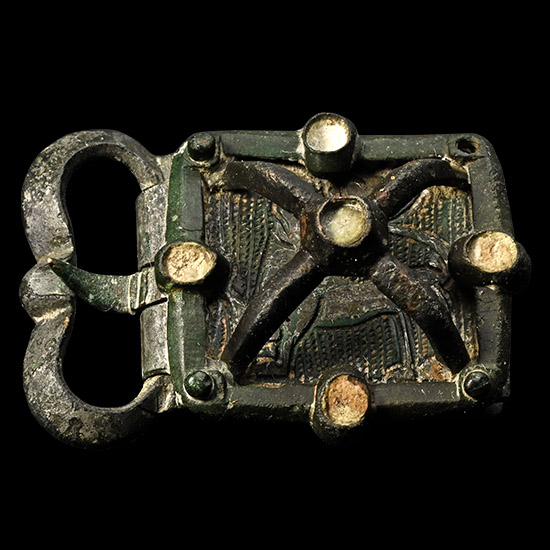 Medieval Bronze Buckle with Engraved Lion on Plate within Cage