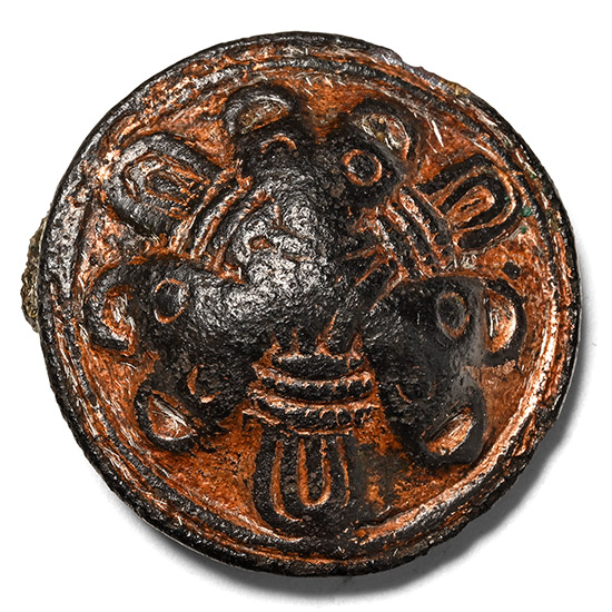 Anglo-Scandinavian Viking Gilt Bronze Borre Style Trefoil Panelled Domed Disc Brooch with Three Bears Heads