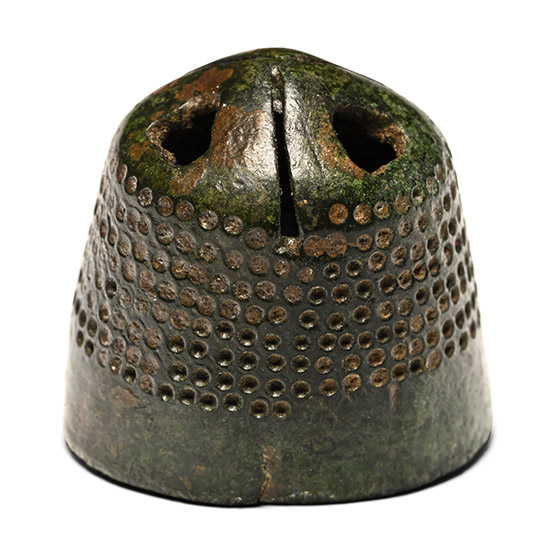 Medieval Bronze Beehive Thimble with Openwork Lovers Hearts