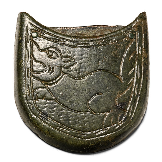 Large Medieval Bronze Dagger Chape with Animal