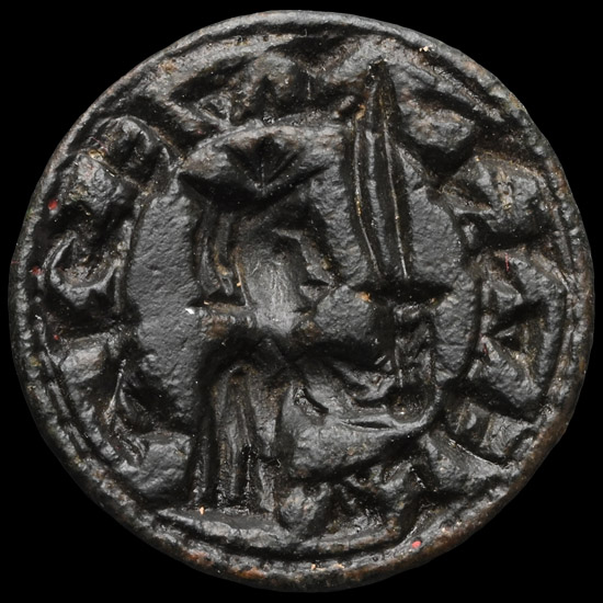 Medieval Bronze Round Seal Matrix with Knight Holding a Sword