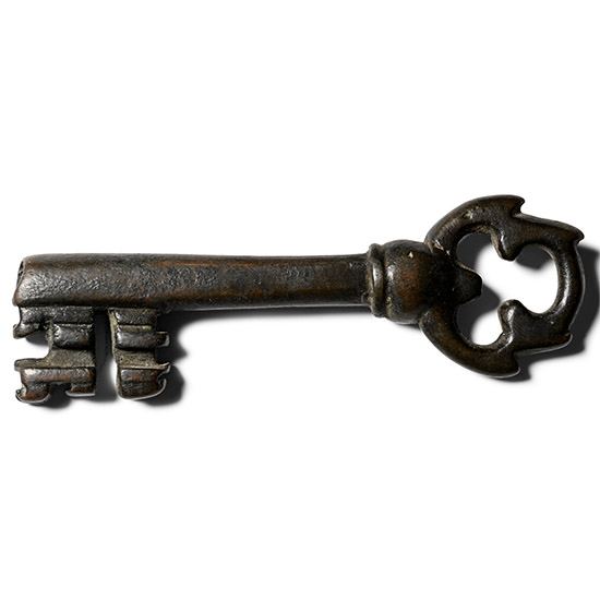 Large Medieval Bronze Door Key with Trefoil Handle