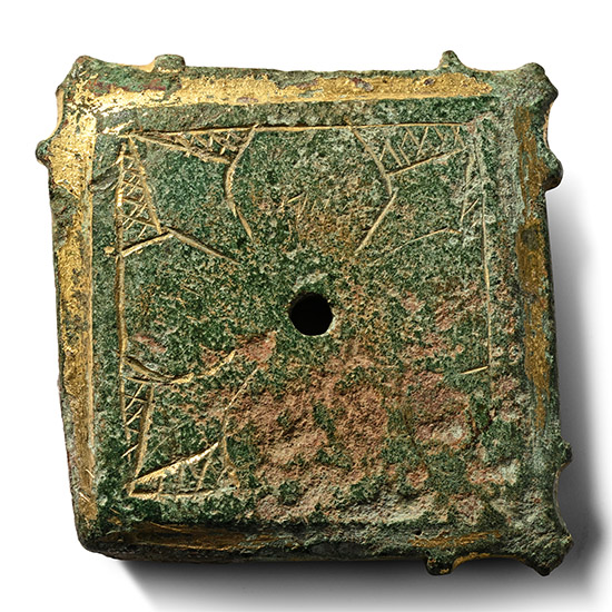 Heavy Medieval Gilt Bronze Reliquary Box Lid with Engraved Floral Cross