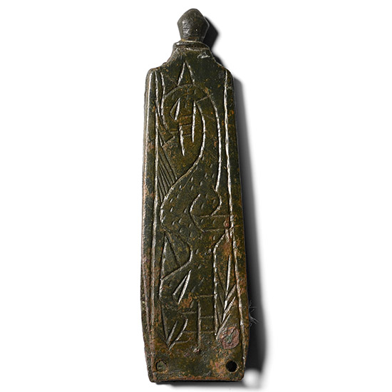 Large Medieval Bronze Strap End with Double-Headed Dragon