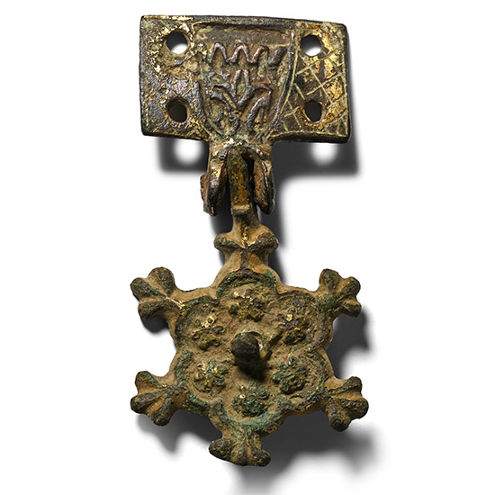 Large Medieval Knights Enamelled Gilt Bronze Heraldic Horse Harness Pendant and Hanger