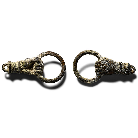 Western Asiatic Bronze Hand Holding Ring Amulet Pair