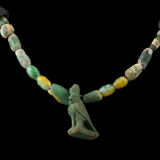Egyptian Faience and Glass Bead Necklace String with Later Horus Amulet