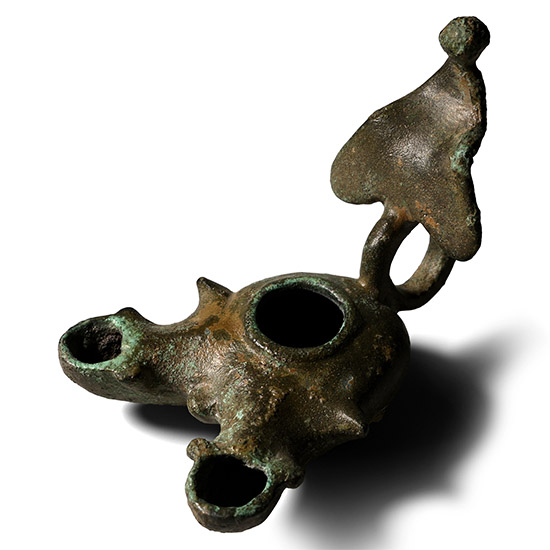 Roman Bronze Double-Spouted Oil Lamp