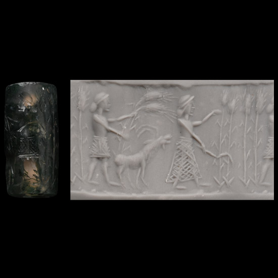 Western Asiatic Moss Agate Cylinder Seal with Farming Scene