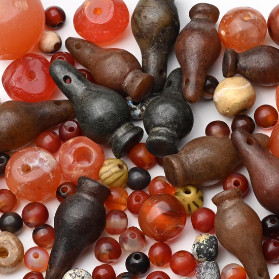 Egyptian Carnelian and Other Beads with Jasper Poppy Bead Amulets