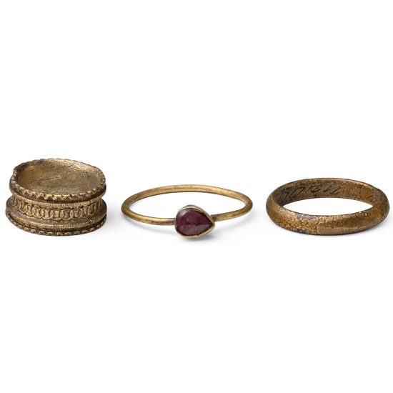 Post Medieval Brass Ring Group Including Posy Ring with LOVE LOVE Inscription