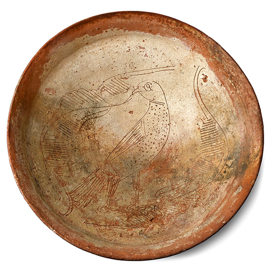 Byzantine Terracotta Sgrafitto Dish with a Falcon Among Leafy Branches