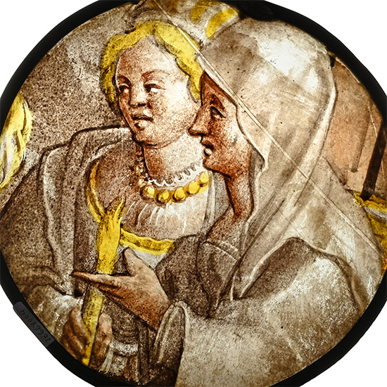 Medieval Stained Glass Roundel with Two Women in Conversation