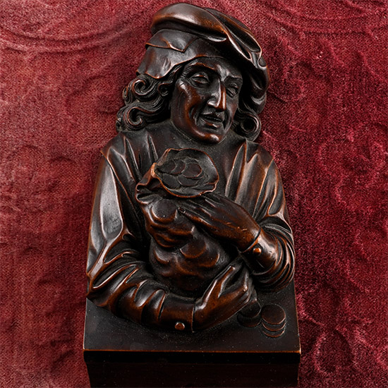 Post Medieval Wooden Bas Relief Representing a Gentleman Illustrating an Allegory of Avarice