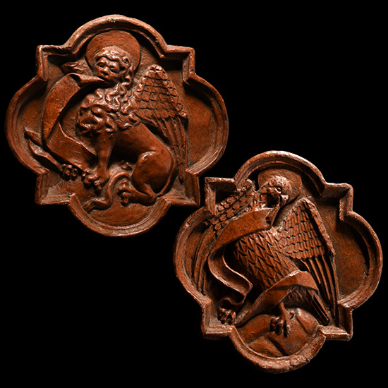 Medieval Red Clay Quatrefoil Tiles Decorated with Symbols of Saint John and Saint Mark