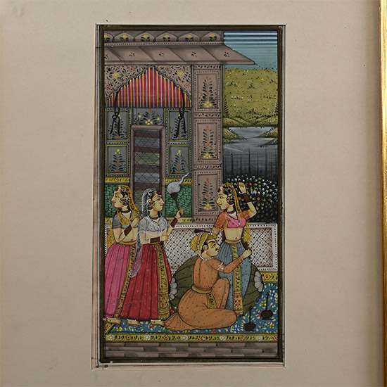 Indian Miniature Framed Watercolour Painting with Three Courtly Ladies