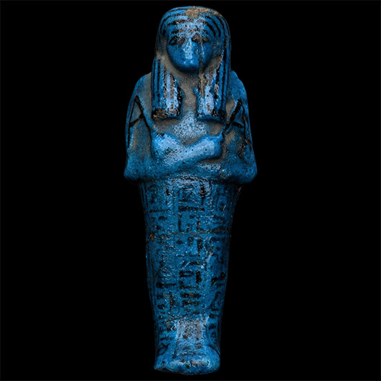 Egyptian Deir el-Bahari Bright Blue Glazed Faience Shabti of Nesitanebisheru, Daughter of Pinedjem II, High Priest of Amun, and Neskhons