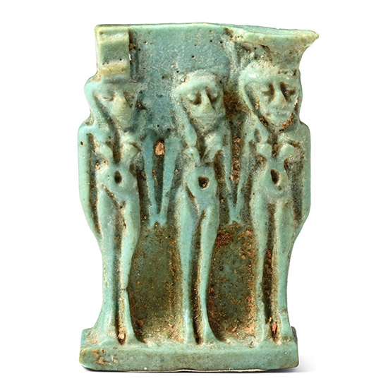 Egyptian Faience Triad Amulet with Nephthys, Horus, and Isis