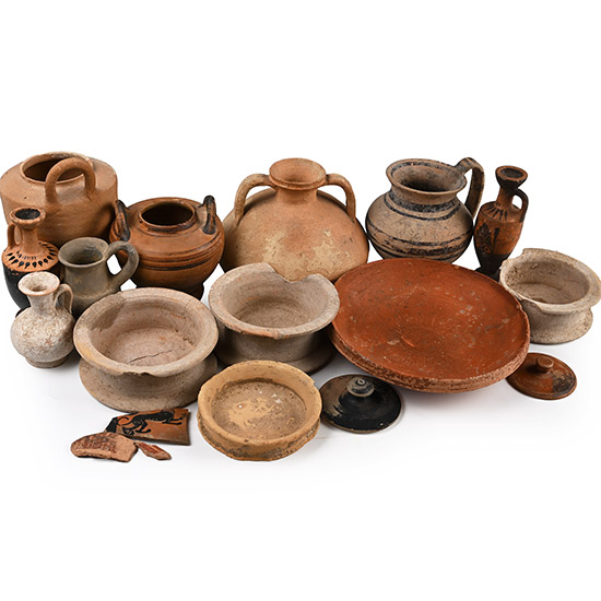 Greek Collection of Terracotta Vessels and Bases