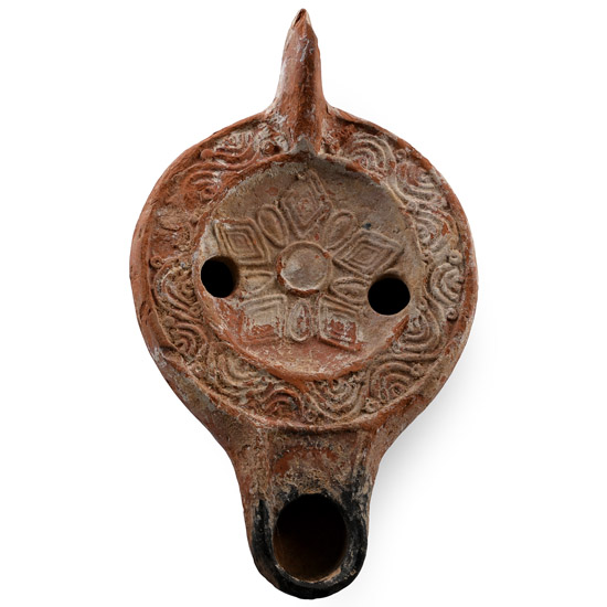 Roman Redware Oil Lamp with Geometric Patterns