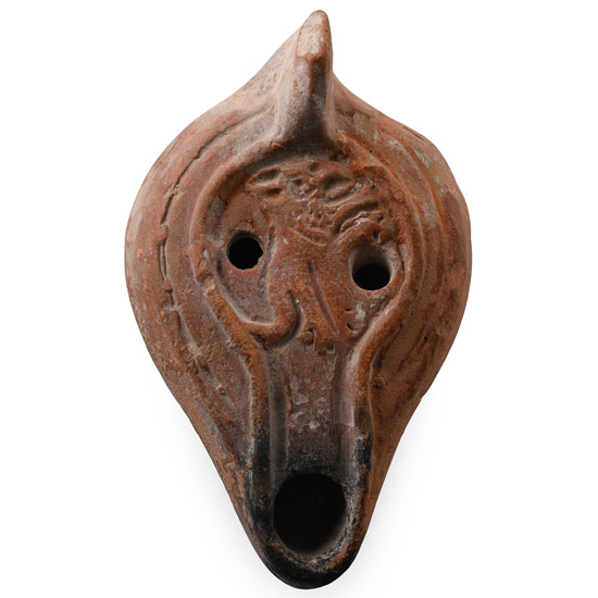 Late Roman Redware Oil Lamp with Leaping Lion