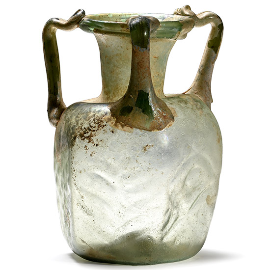 Byzantine Mould-Blown Translucent Pale Green Glass Three-Handled Jug