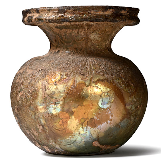 Roman Mould-Blown Dark Green Jar with Wheel-Cut Design