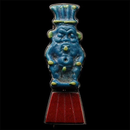 Egyptian Polychrome Faience Amulet of the God Bes Fashioned as a Dress Pin