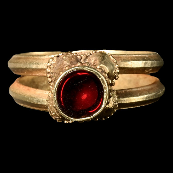 Byzantine Electrum Architectural Ring with Flat Bed Garnet