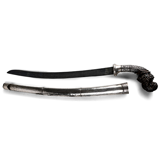 Indonesian Iron Sword with Carved Wooden Handle in Scabbard