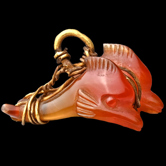 Greek Carnelian Dolphin Amulet with Gold Loops