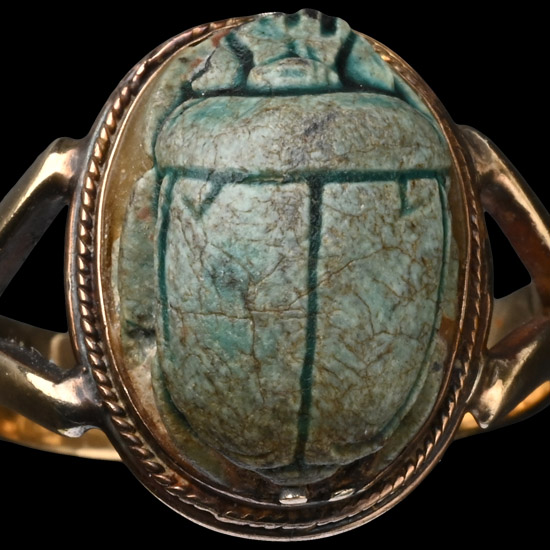 Egyptian Glazed Faience Scarab in Victorian Gold Ring
