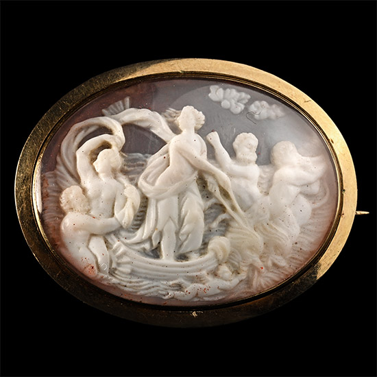 Renaissance Shell Cameo of the Triumph of Galatea, after Raphael, in a Later Gold Brooch