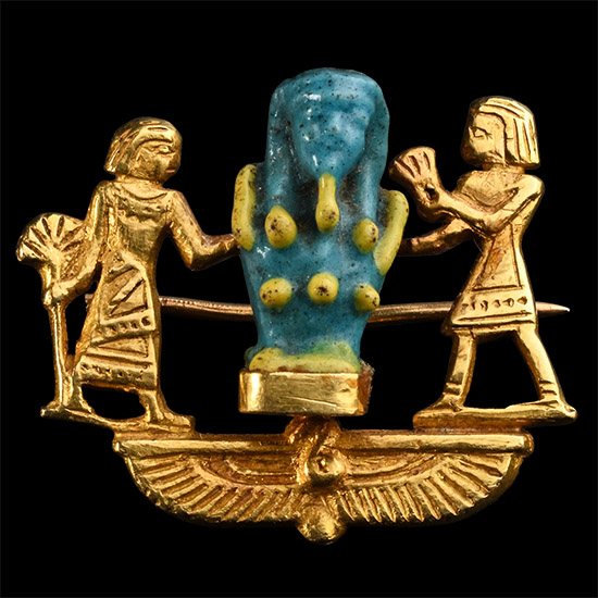 Egyptian Polychrome Faience Amulet in Revival Gold Brooch