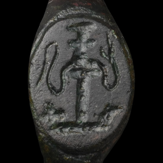 Late Roman Bronze Ring with Serpent on a Pedestal