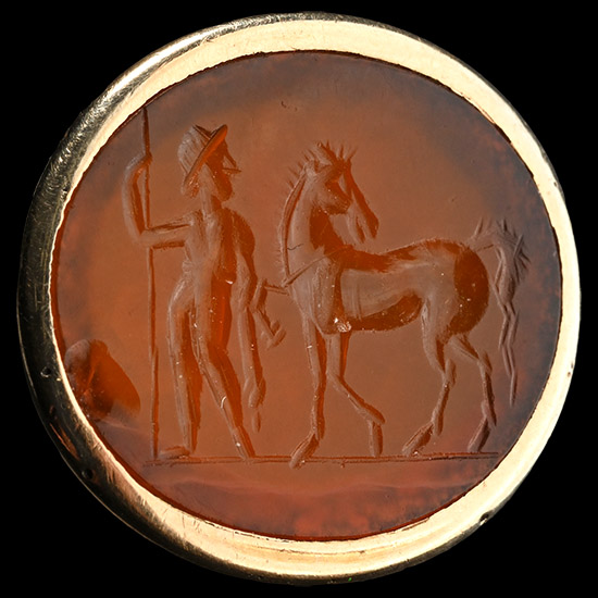 Roman Carnelian Intaglio of a Warrior and Horse in a Later Gold Ring