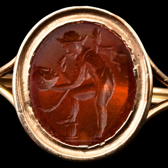 Roman Carnelian Gemstone of a Figure Contemplating a Mask in a Nineteenth-Century Gold Ring