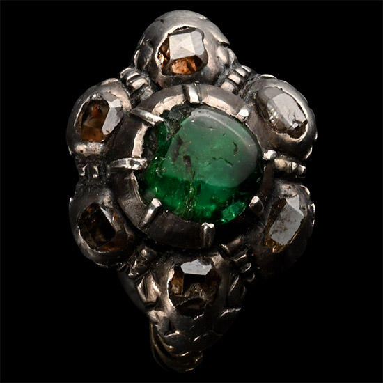 Baroque Gold and Silver Diamond and Emerald Ring
