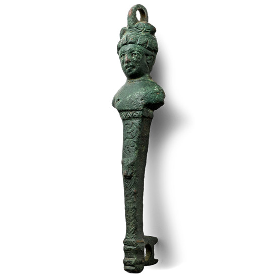 Roman Bronze Herm with Bust of Dionysus from a Lockplate