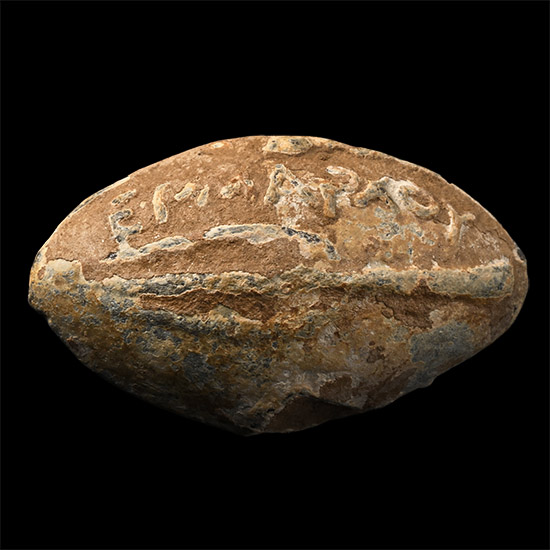Greek Lead Slingshot Inscribed HERMARCHOY Above Lance Tip