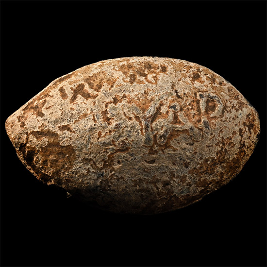 Greek Lead Slingshot inscribed EYAP//MANHC