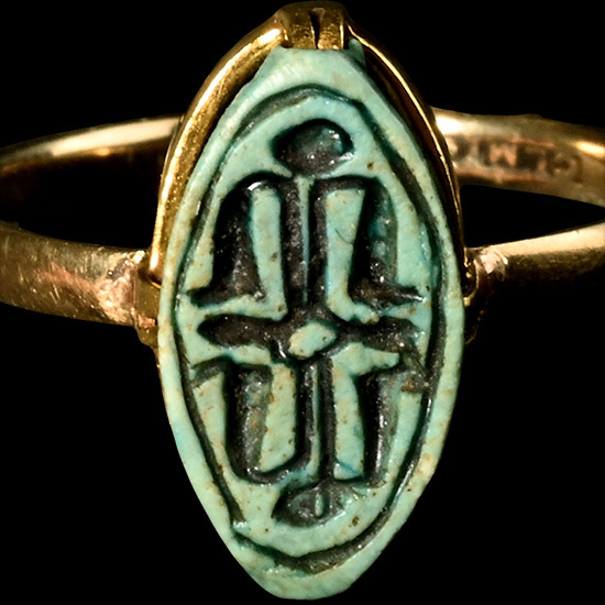 Egyptian Blue Faience Cowroid with Uraei in Gold Ring