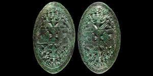 Viking Scandinavian Bronze Facing Masks and Figures Oval Brooch Pair