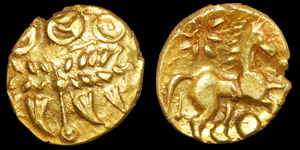 Celtic Iron Age Coins - Early Uninscribed Coinage - Maldon Wheel Gold Quarter Stater