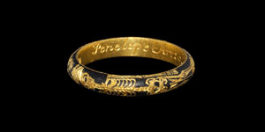 Post Medieval Gold Enamelled Ring with Full Skeleton and Multiple Emblems