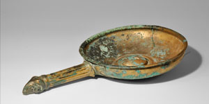 Roman Bronze Patera with Rams Head Handle