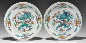 Chinese Yong-Zheng Doucai Dragon Dish Pair