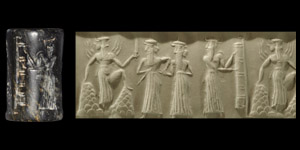 Western Asiatic Akkadian Cylinder Seal with Sun-God and Attendants